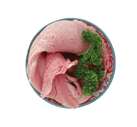Thin slices of Sloane's ham are arranged in a small patterned bowl with a sprig of parsley.