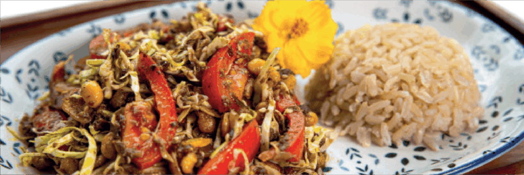 Burmese tea leaf salad served with a dome of brown rice and a yellow flower garnish on a patterned plate.