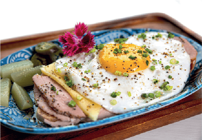An open-faced sandwich topped with sliced meat, cheese, a sunny-side-up egg, and chives is served with pickles on a blue patterned plate.